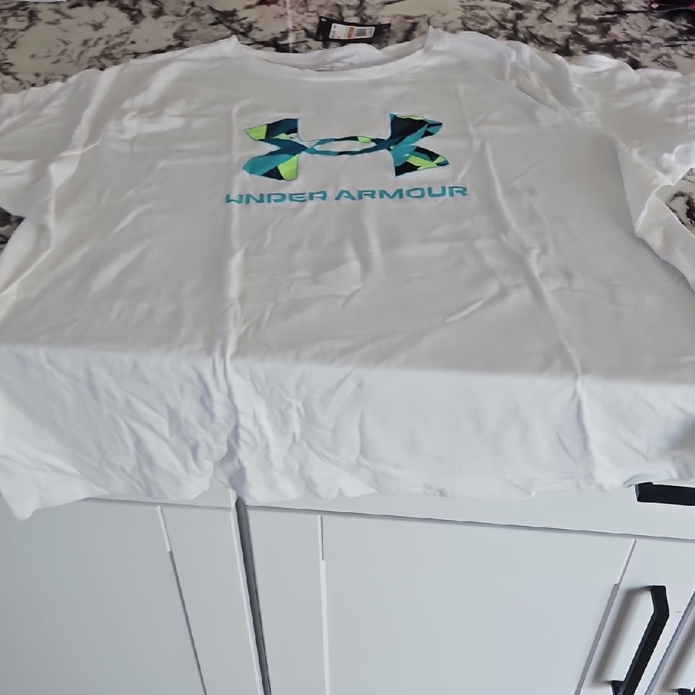 Under Armour White Tee with Blue and Green Logo
